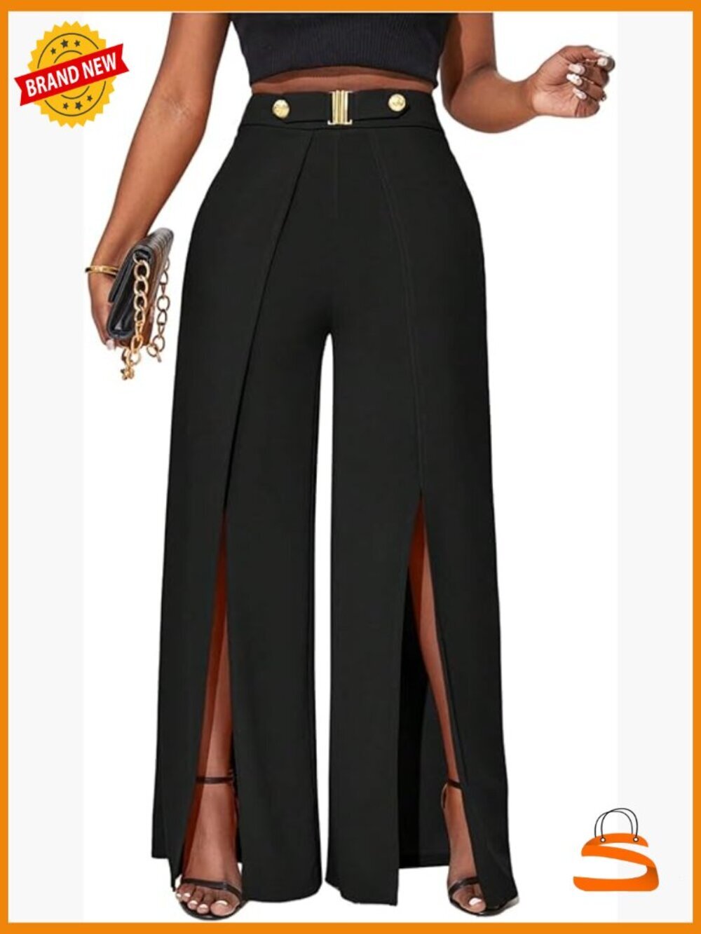 High Waist Wide Leg Trousers with Front Slit - Dress Pants